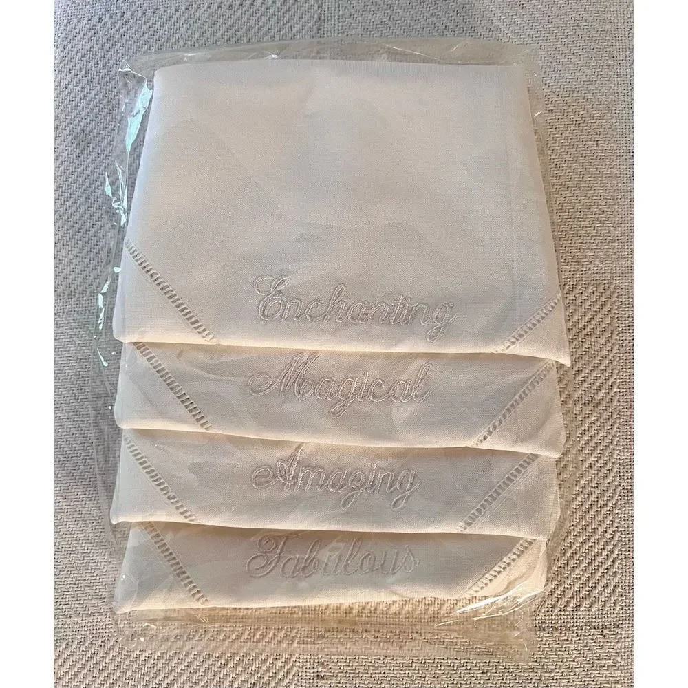 Set of 4 Linen Hemstitched Embroidered Hand Towels/Napkins